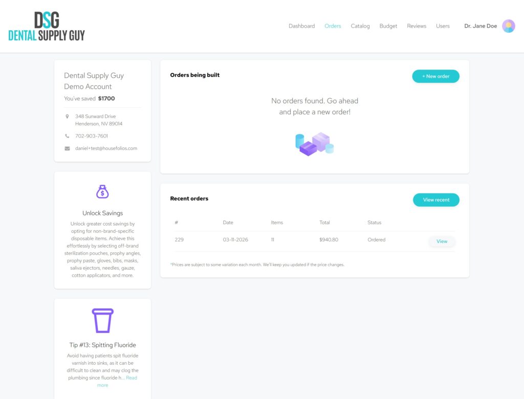 Dashboard Demo of the Dental Supply Guy